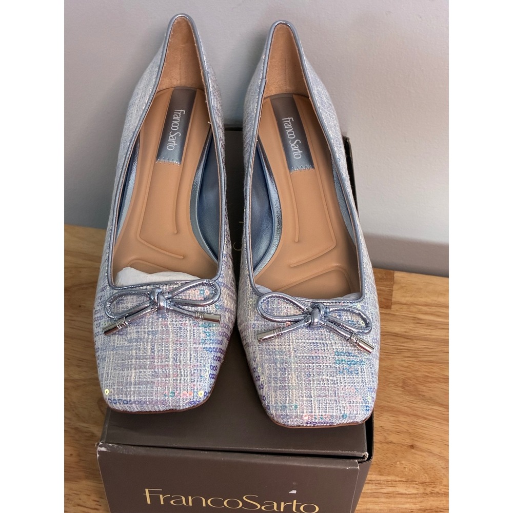 Franco Sarto Natalia2 Light Blue Sequin Tweed Block Heel Bow Pumps 9M - Picture 16 of 16